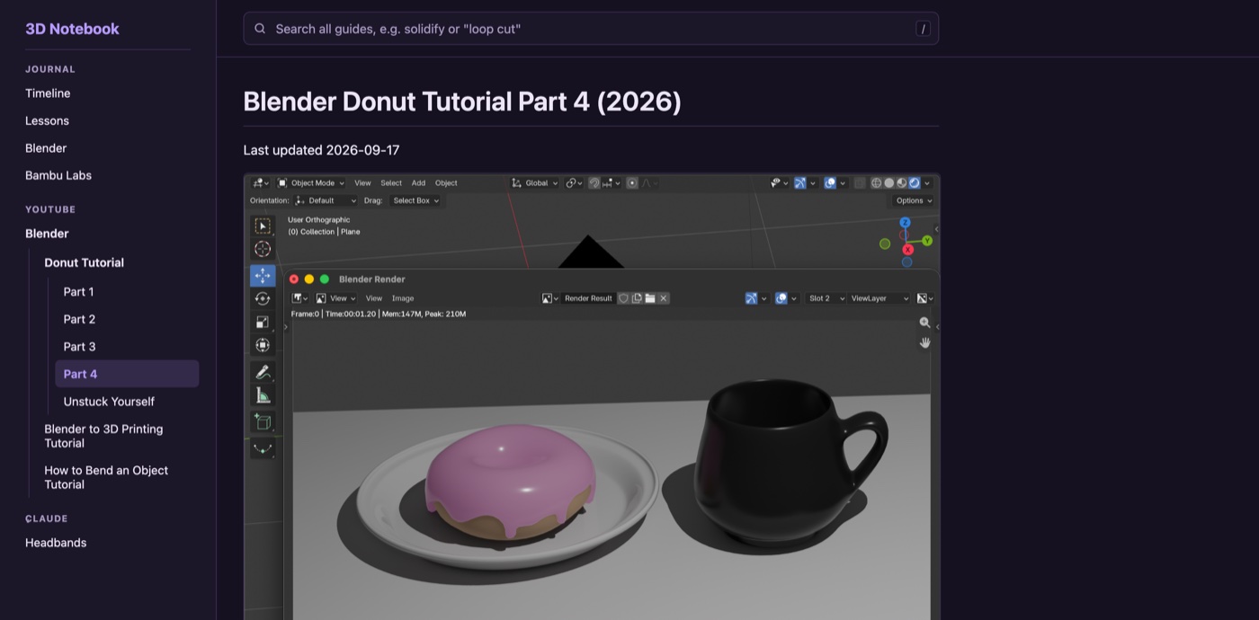 The Blender Donut Tutorial Part 4 page with a rendered donut and mug