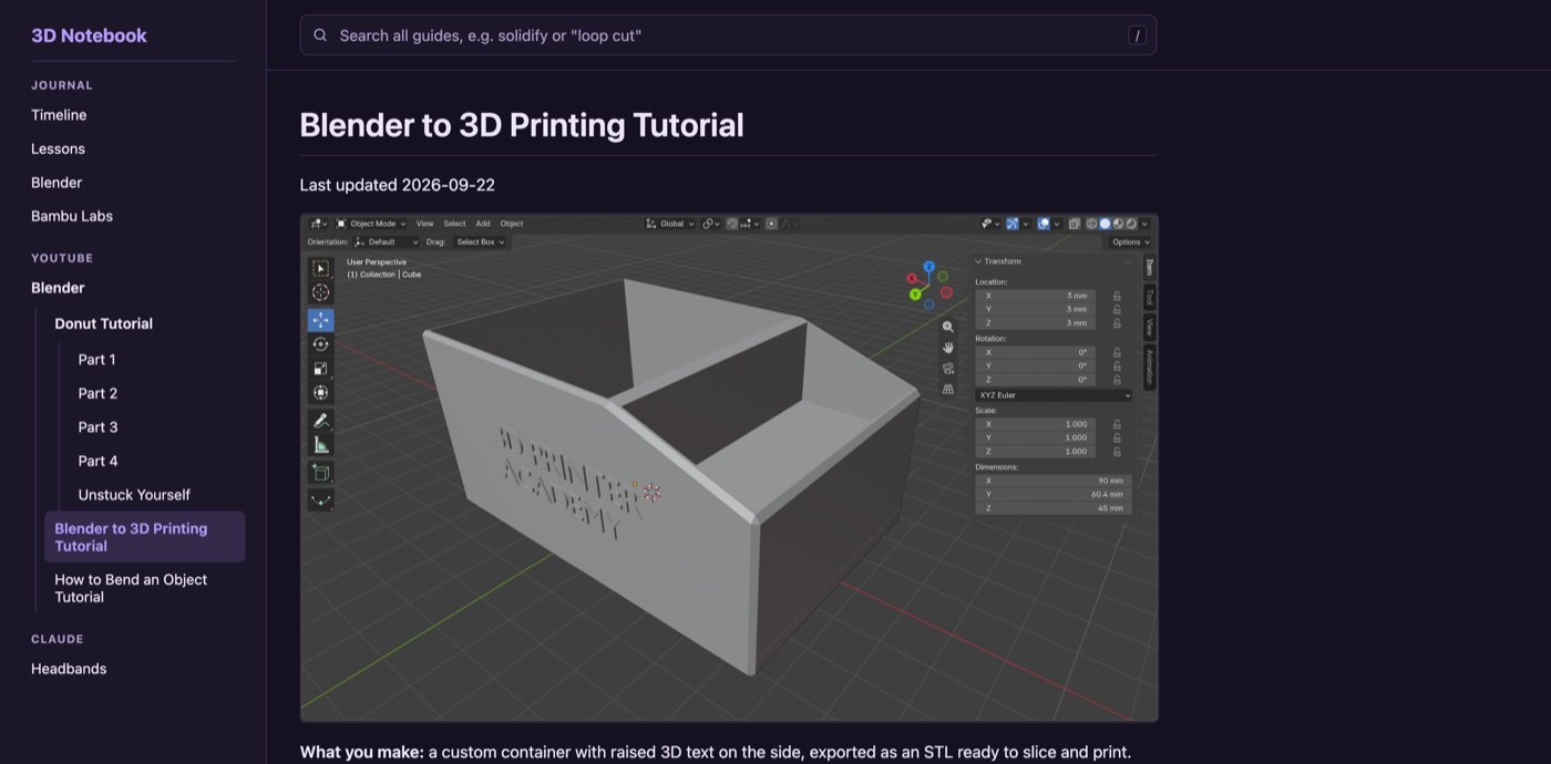 The Blender to 3D Printing Tutorial page with a modeled box