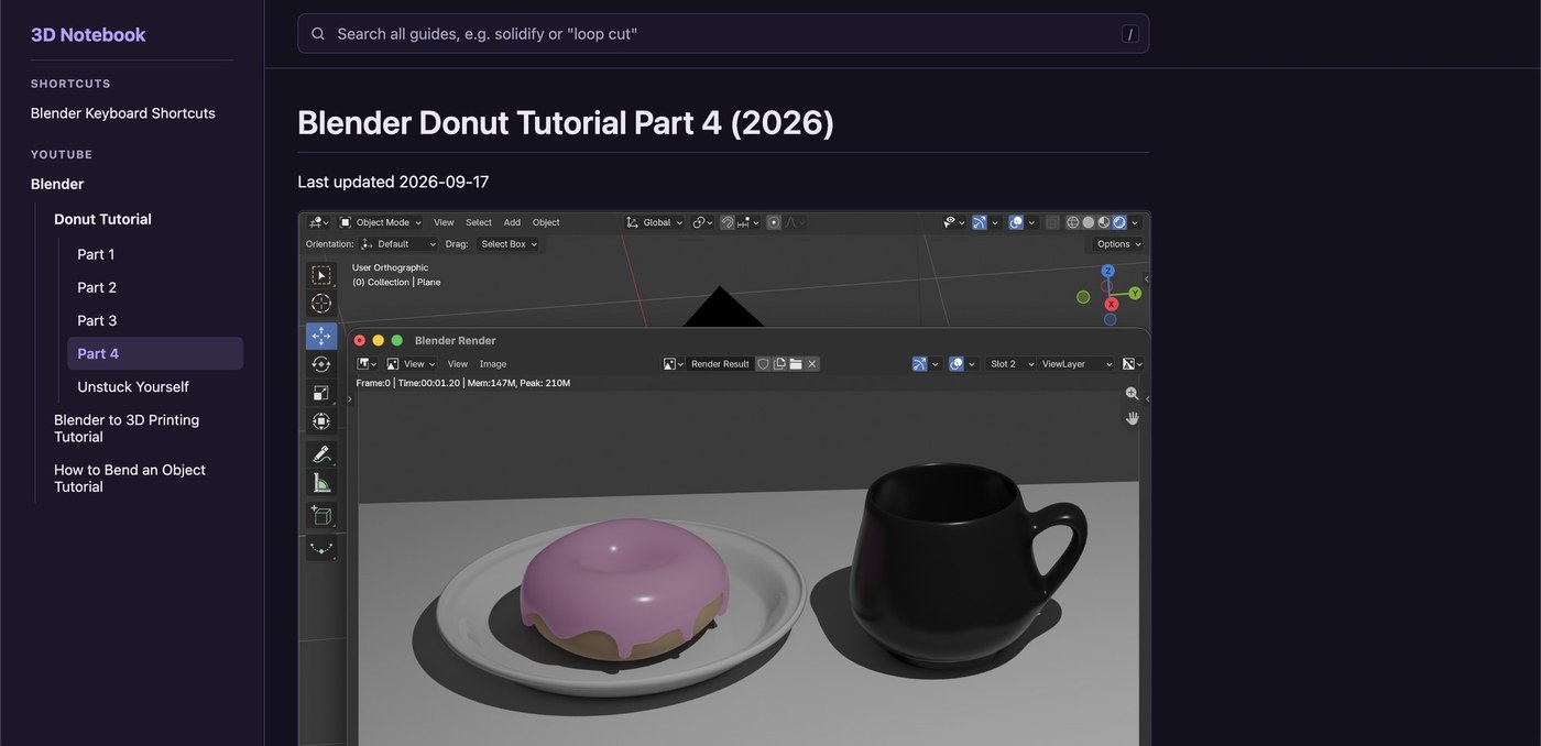 The Blender Donut Tutorial Part 4 page with a rendered donut and mug
