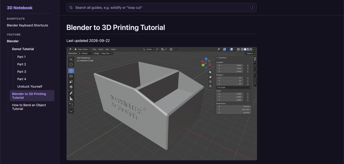 The Blender to 3D Printing Tutorial page with a modeled box
