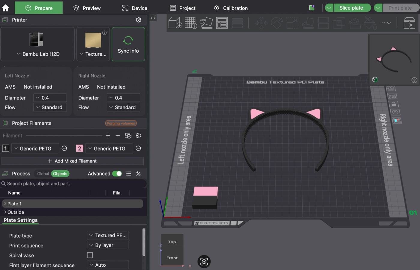 A cat ear headband set up in Bambu Studio for the Bambu Lab H2D