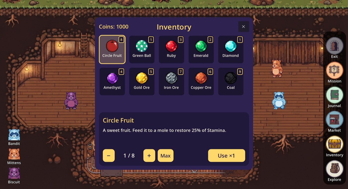 The inventory window with fruit, gems and ores